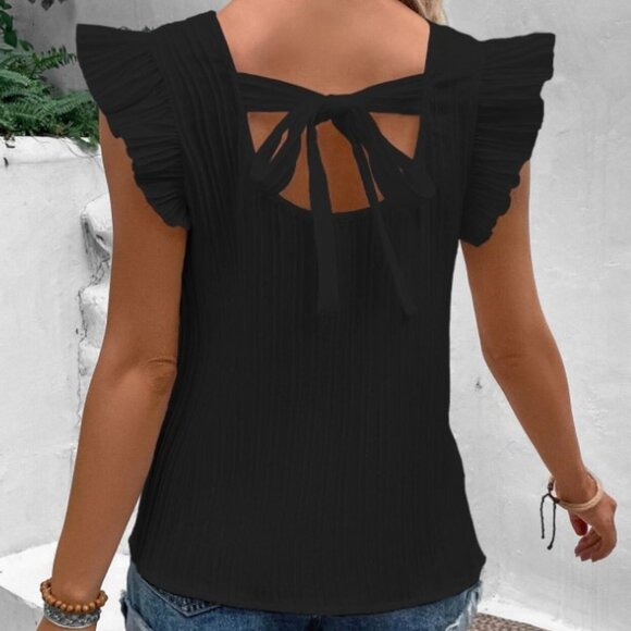 NEW SHEIN LUNE SOLID RUFFLE SLEEVE BASIC BLACK TOP TIE BACK SZ MEDIUM - Picture 1 of 3